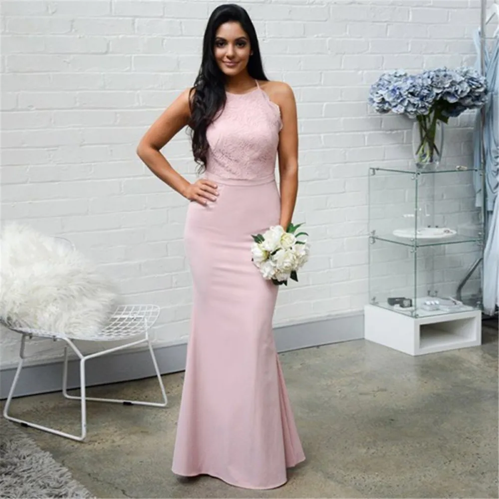 Light Pink Mermaid Wedding Party Dress Lace Top Halter Floor Length Elastic Satin Long Bridesmaid Dresses 2019 Women Gown Cheap
Light Pink Mermaid Wedding Party Dress Lace Top Halter Floor Length Elastic Satin Long Bridesmaid Dresses 2019 Women Gown Cheap