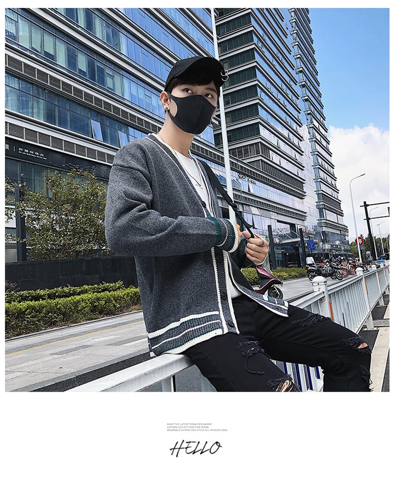 Check Button Cardigan Male Oversize Loose Streetwear (4)