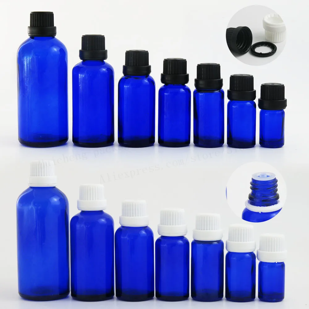 

200 x 5ml 10ML 15ml 20ml 30ml 50ml 100ml Cobalt Blue Mini Glass Essential Oil Bottle With White Black Tamper Evident Cap Reducer