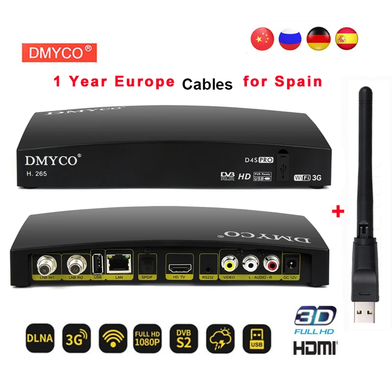 1 Year Europe Spain 7 Cables D4S PRO DVB-S2 Satellite Receiver Full HD 1080P TV Tuner Support Powervu Biss key+USB WIFI Receptor
1 Year Europe Spain 7 Cables D4S PRO DVB-S2 Satellite Receiver Full HD 1080P TV Tuner Support Powervu Biss key+USB WIFI Receptor