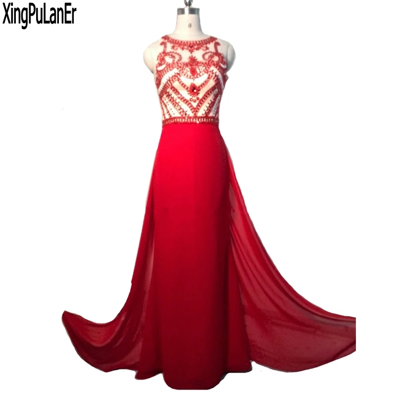 

robe de soiree Mermaid Sleeveless Red Beaded Crystals Top Sexy See Through Back Long Women Evening Dresses Pageant Prom Gowns