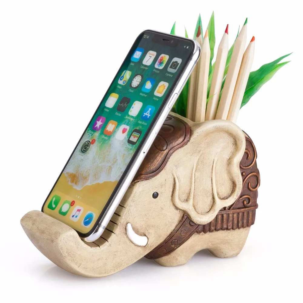 Pen Pencil Holder with Phone Stand Resin Elephant Shaped Container Cell Carving Brush Scissor Decorative |