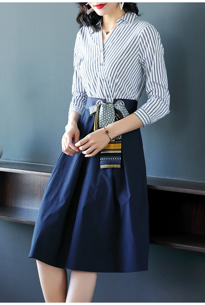 Azterumi Spring New Women Fashion V-Neck Shirt Dress Women Casual Stripe Patchwork A-line Dresses With Sashes Vestidos HTB1w2ILXOnrK1RjSsziq6xptpXaB - Azterumi Spring New Women Fashion V-Neck Shirt Dress Women Casual Stripe Patchwork A-line Dresses With Sashes Vestidos