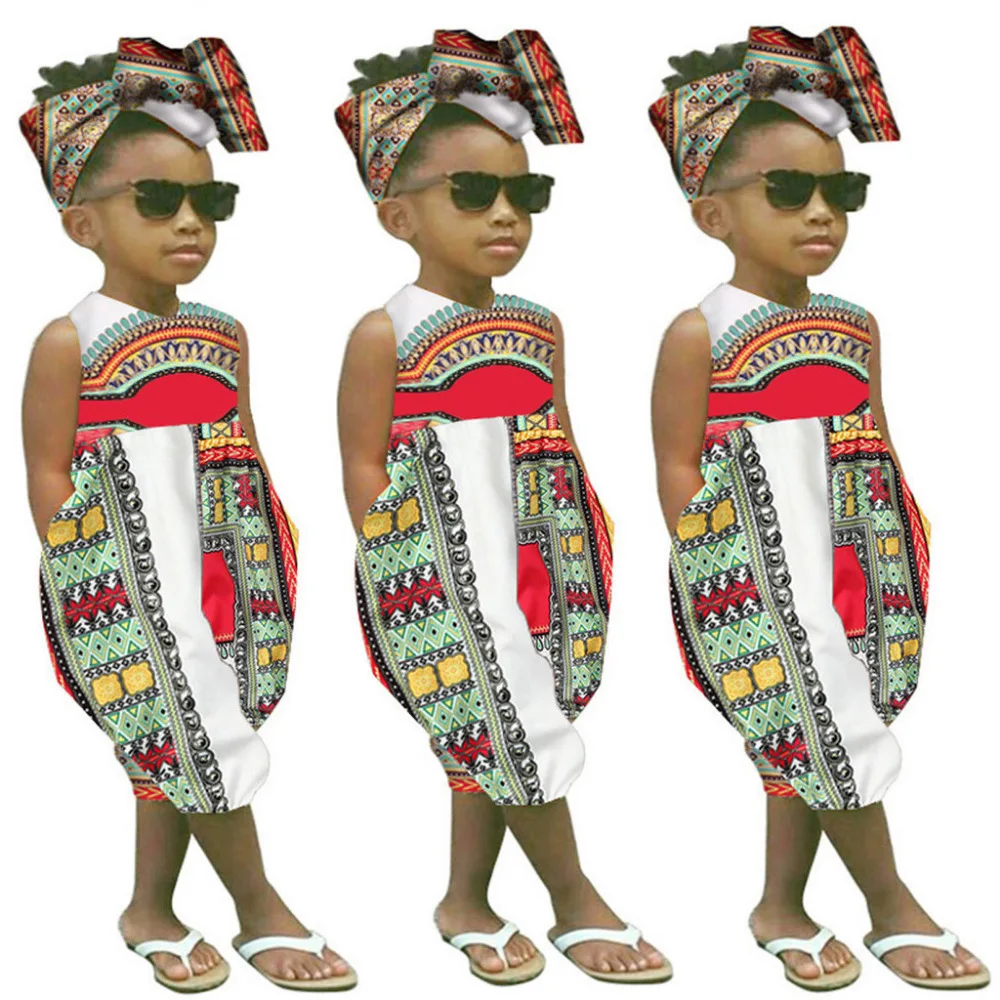 Print Floral Cotton Sleeveless ChildrenToddler Kids Baby Girl Outfits Clothes African Casual High Waist Romper Jumpsuit |