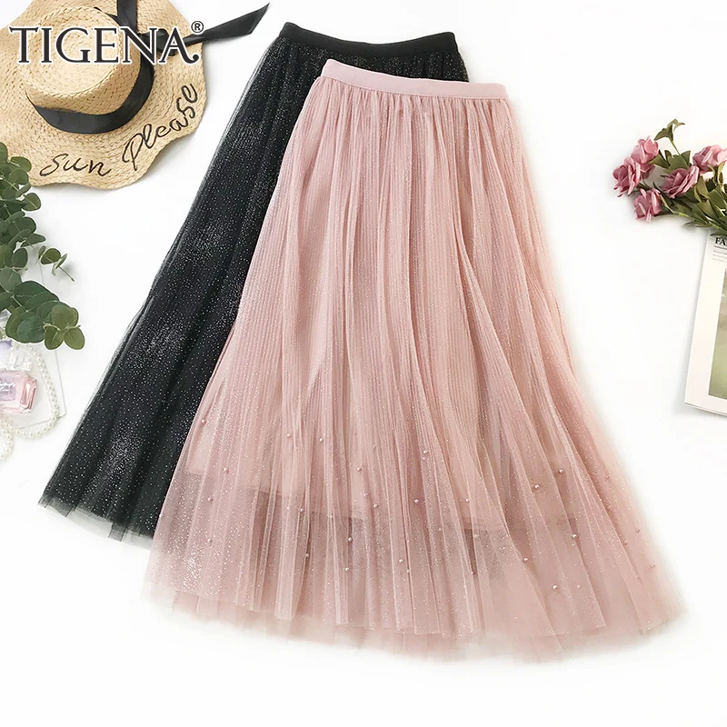 TIGENA/блестящая женская фатиновая юбка с бисером 2019 летняя Милая трапециевидная