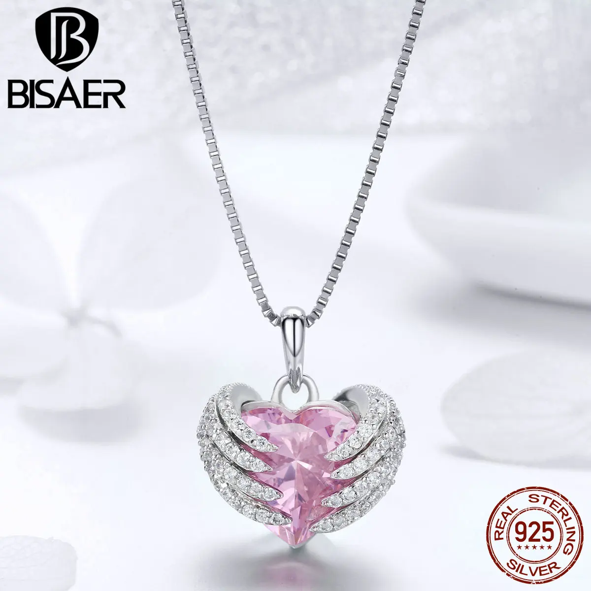 BISAE Collar 925 Sterling Silver Guardian Angel Wings Pink CZ Heart Pendant Necklaces Women Wedding Engagement Jewelry EFN004
BISAE Collar 925 Sterling Silver Guardian Angel Wings Pink CZ Heart Pendant Necklaces Women Wedding Engagement Jewelry EFN004