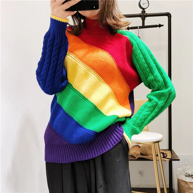 Loose Turtleneck Rainbow Sweater Women 2018 Colors Patchwork Striped Half-high Collar Knit Sweater Pullover Womens Cool Sweater
Loose Turtleneck Rainbow Sweater Women 2018 Colors Patchwork Striped Half-high Collar Knit Sweater Pullover Womens Cool Sweater