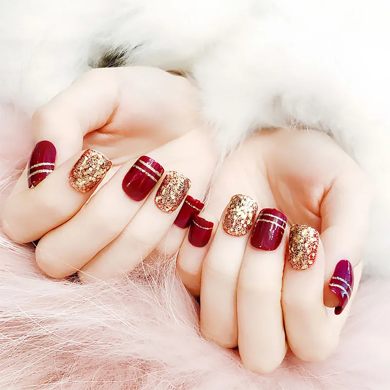 Bridal Wedding Beauty Full Cover Nail Art Tips with Glue Women Simple Fashion Wine Red Color Gold Glitter False Nails
Bridal Wedding Beauty Full Cover Nail Art Tips with Glue Women Simple Fashion Wine Red Color Gold Glitter False Nails