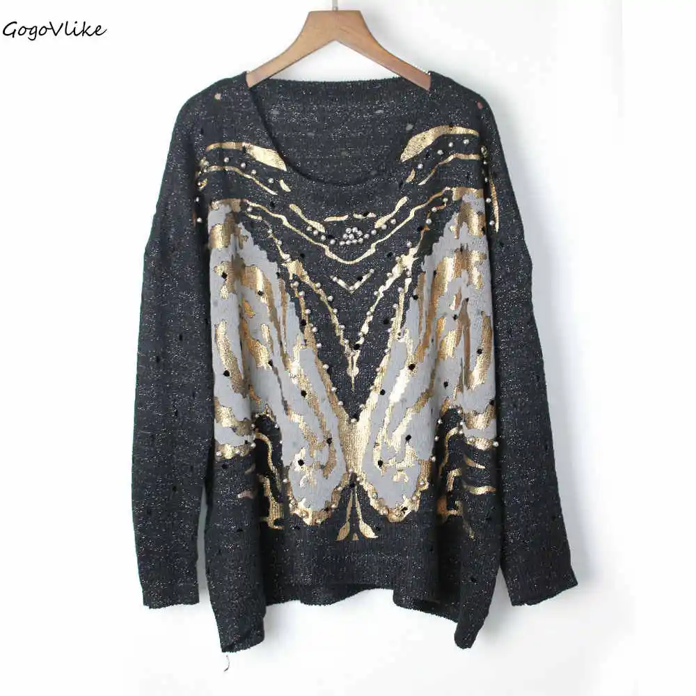 Vintage Pullover Sweater PUNK Beading Gold Stamp Women Knit Loose Top Big Size 2018 New Loose Knit Sweater Round Neck LT374S50
Vintage Pullover Sweater PUNK Beading Gold Stamp Women Knit Loose Top Big Size 2018 New Loose Knit Sweater Round Neck LT374S50