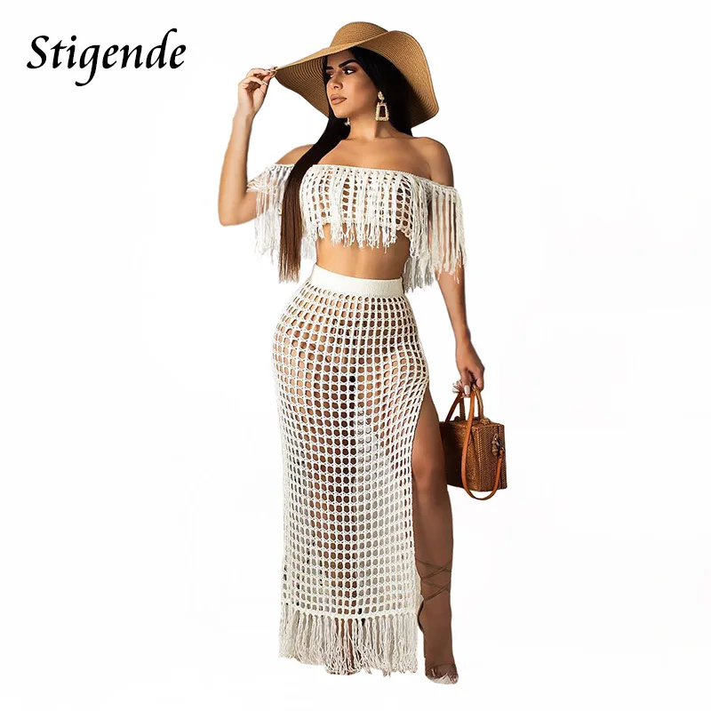 Stigende Short Sleeve Two Piece Crochet Set Women Summer Tassels 2 Piece Beach Set Off Shoulder Crop Top and High Split Skirt
Stigende Short Sleeve Two Piece Crochet Set Women Summer Tassels 2 Piece Beach Set Off Shoulder Crop Top and High Split Skirt