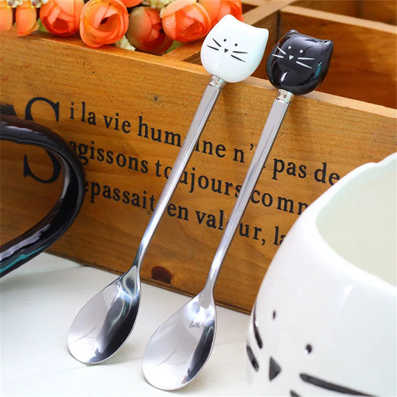 New Stainless Steel Spoons with Black White Ceramic Cat Handle Stirring Spoon Ice Cream Sugar Tea Dessert Soup Coffee Spoon 2019
New Stainless Steel Spoons with Black White Ceramic Cat Handle Stirring Spoon Ice Cream Sugar Tea Dessert Soup Coffee Spoon 2019