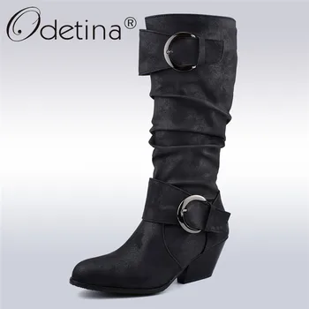 Odetina Women Retro Strange High Heel Mid Calf Boots Buckle Strap Slip On Winter Shoes Round Toe Comfort Slouch Boots Plus Size 
Odetina Women Retro Strange High Heel Mid Calf Boots Buckle Strap Slip On Winter Shoes Round Toe Comfort Slouch Boots Plus Size