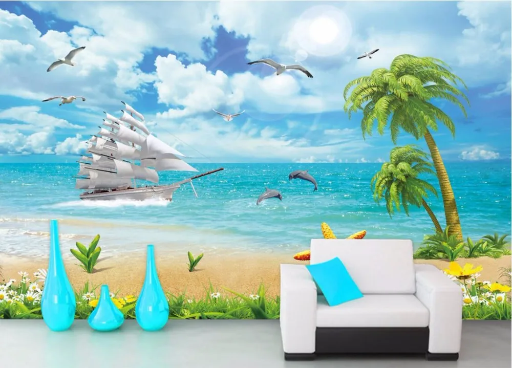 Image Custom mural 3d wallpaper Dolphins coconut boat scenery home decor painting 3d wall murals wallpaper for living room walls 3 d
