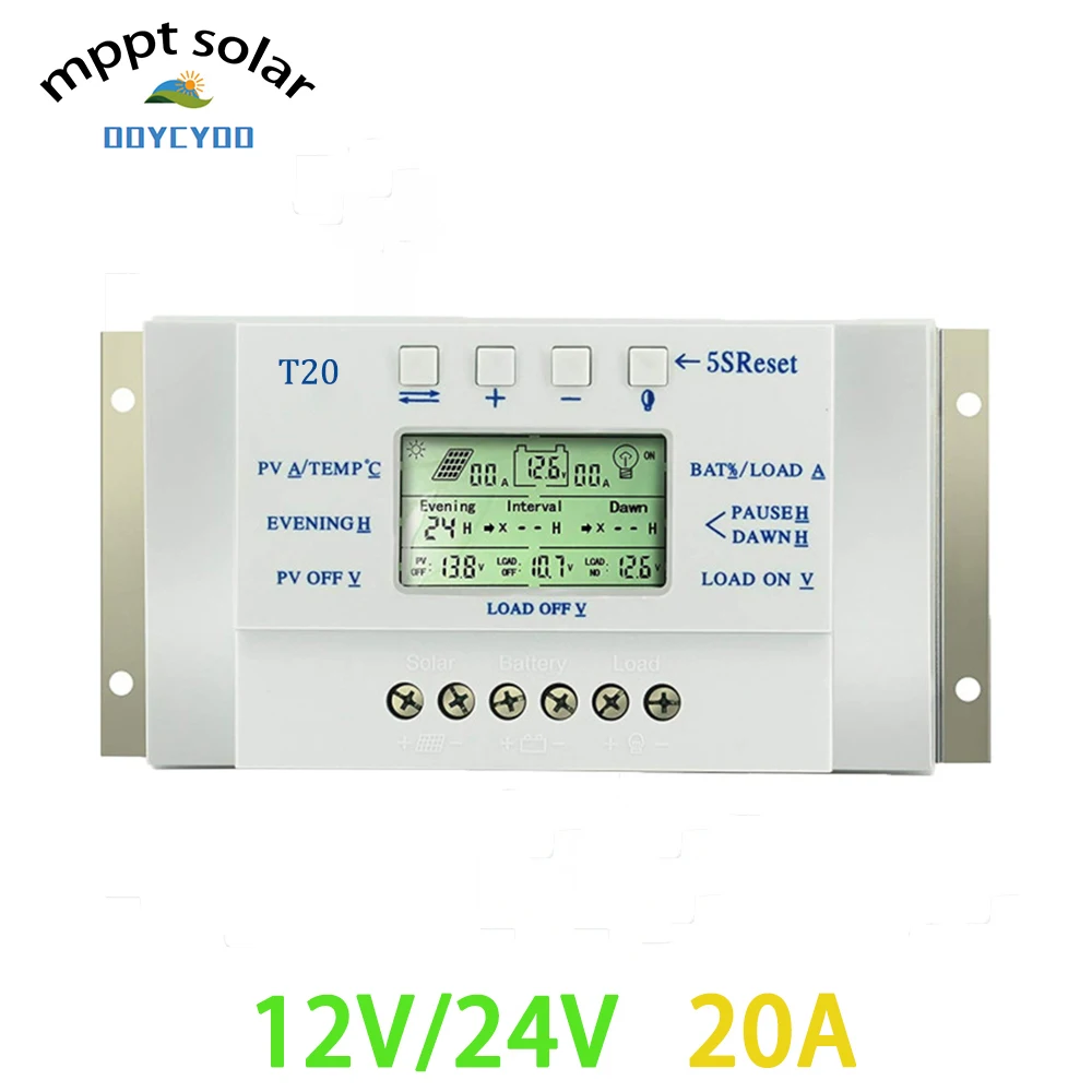 OOYCYOO MPPT T20A Solar Panel Controller 12 V 24 V Controller Solar dual function timer PV LED lighting system
OOYCYOO MPPT T20A Solar Panel Controller 12 V 24 V Controller Solar dual function timer PV LED lighting system