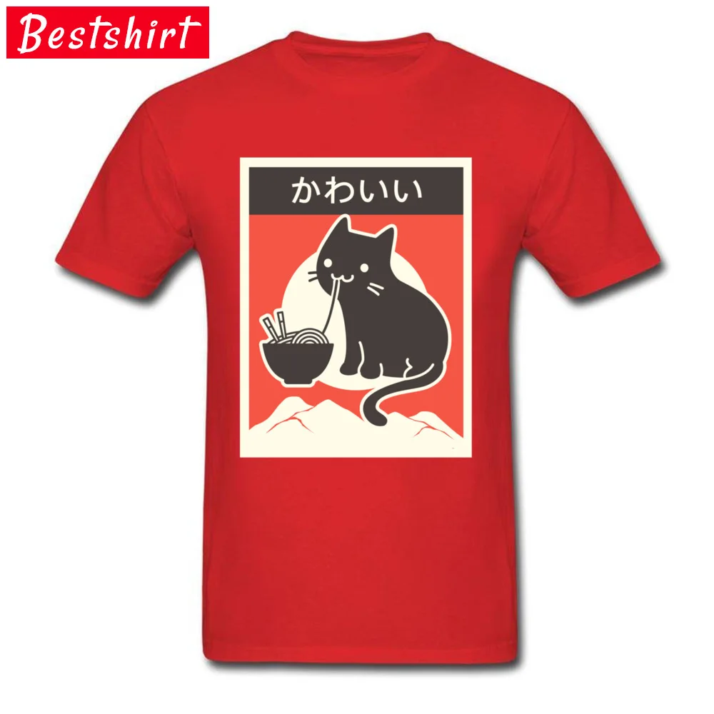Pure Cotton Men Short Sleeve Party T Shirt Casual Tops Tees Hip Hop Cool O Neck T Shirt Top Quality Kawaii Vintage Style Japenese Ramen Cat 4642 red