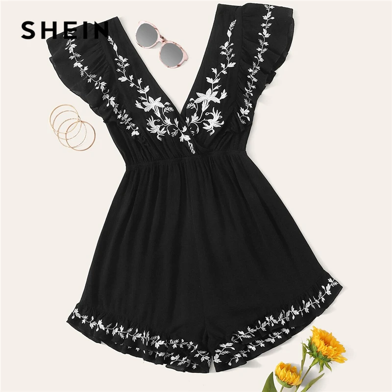 SHEIN Double V-Neck Ruffle Trim Embroidery Romper 2019 Boho Women Deep V Neck Wide Leg Wrap Backless Black Summer Playsuit
SHEIN Double V-Neck Ruffle Trim Embroidery Romper 2019 Boho Women Deep V Neck Wide Leg Wrap Backless Black Summer Playsuit