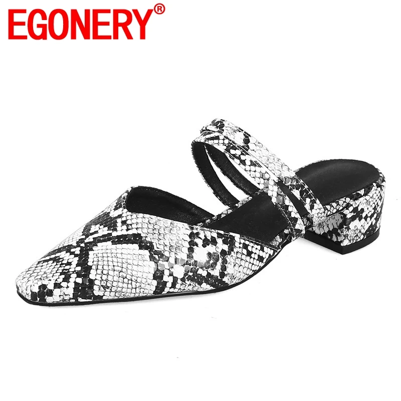 

EGONERY summer new fashion shoes woman shallow pointed toe woman slippers outside med square heel slip-on plus size ladies shoes