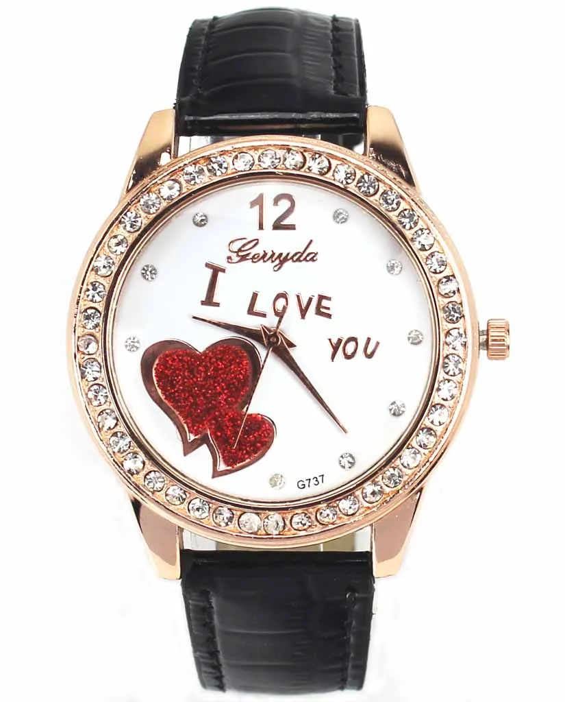 

Fashion Womens Love Heart Shaped Design Watch Rose Gold Case Ladies Rhinestone Leather Band Quartz Analog Wristwatch