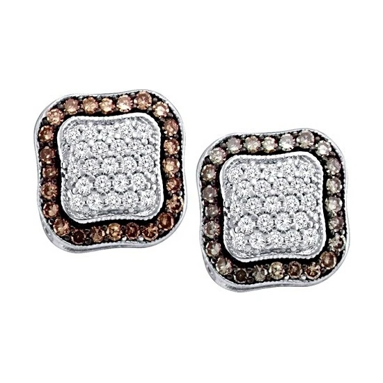 10K SOLID WHITE GOLD 1 CT COGNAC BROWN & WHITE NATURAL DIAMOND STUD EARRINGS NEW