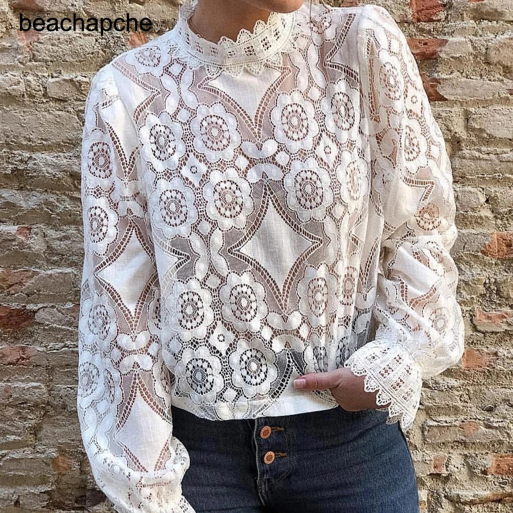 Vintage sexy white lace hollow out women blouse shirt Embroidery lantern sleeve blouse Summer transparent top female
Vintage sexy white lace hollow out women blouse shirt Embroidery lantern sleeve blouse Summer transparent top female