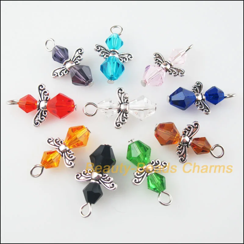 10Pcs Mixed Dancing Crystal Angel Wings Charms Pendants 14x23mm
