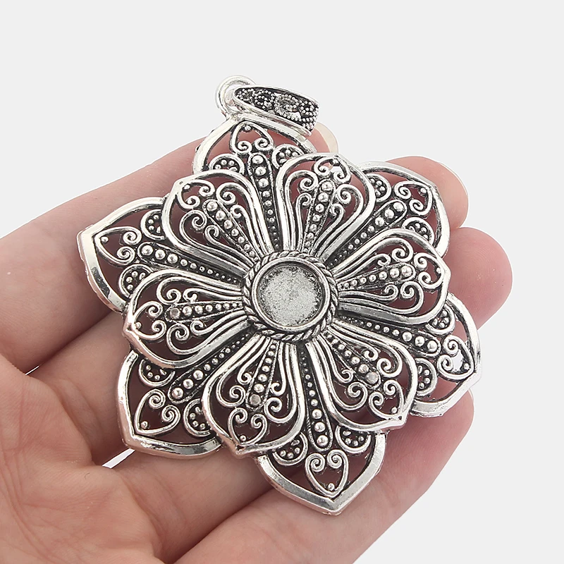 

2pcs Antique Silver Large Filigree Flower Pendants for Necklace Jewelry Findings with 10mm Blanks Tray Settings