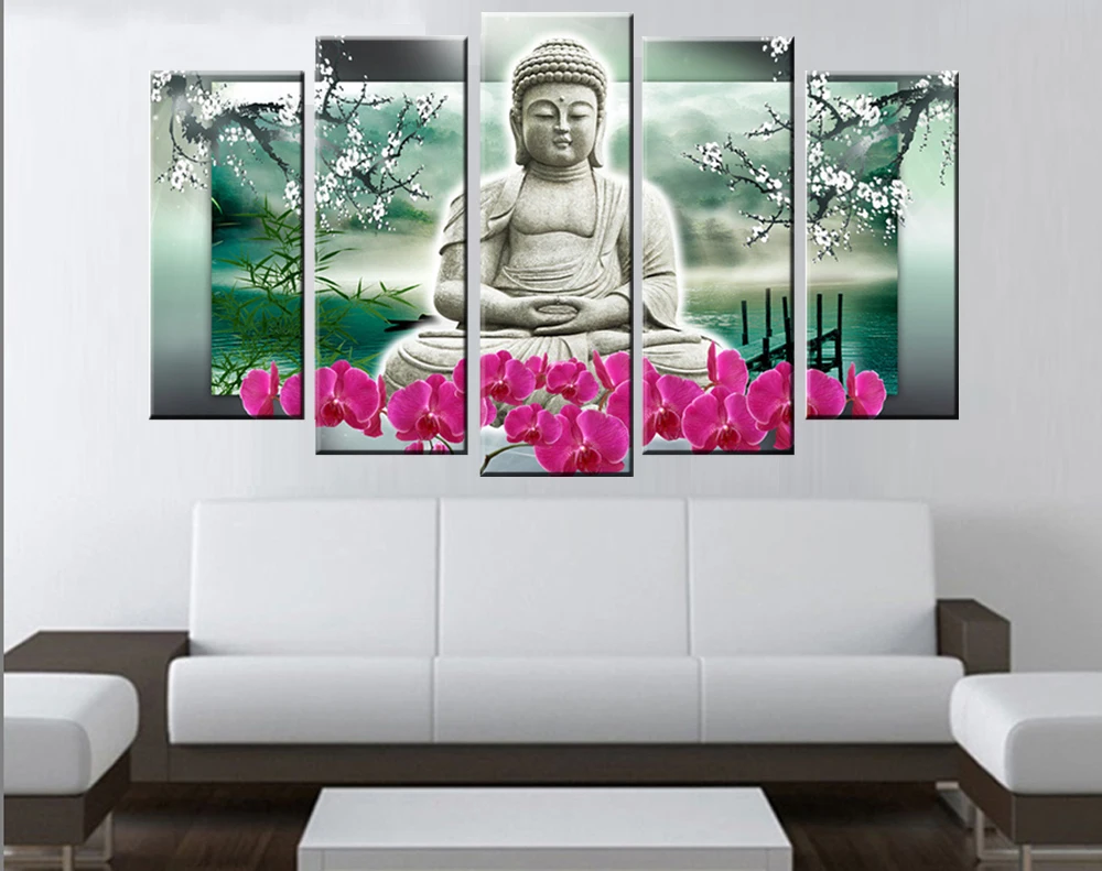 Image 5 Panels Buddha Wall Art Modern Buddha Painting Hand Made Contemporary Art Buddha Religion Oil Painting Cheap Home Wall Pictures