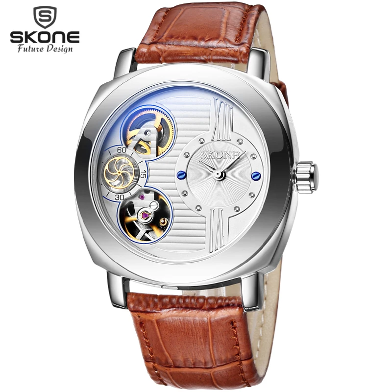 

SKONE Automatic Wrist Watches Men Mechanical Quartz Dual Movt New Brand Genuine Leather Casual Skeleton Watch relogio masculino