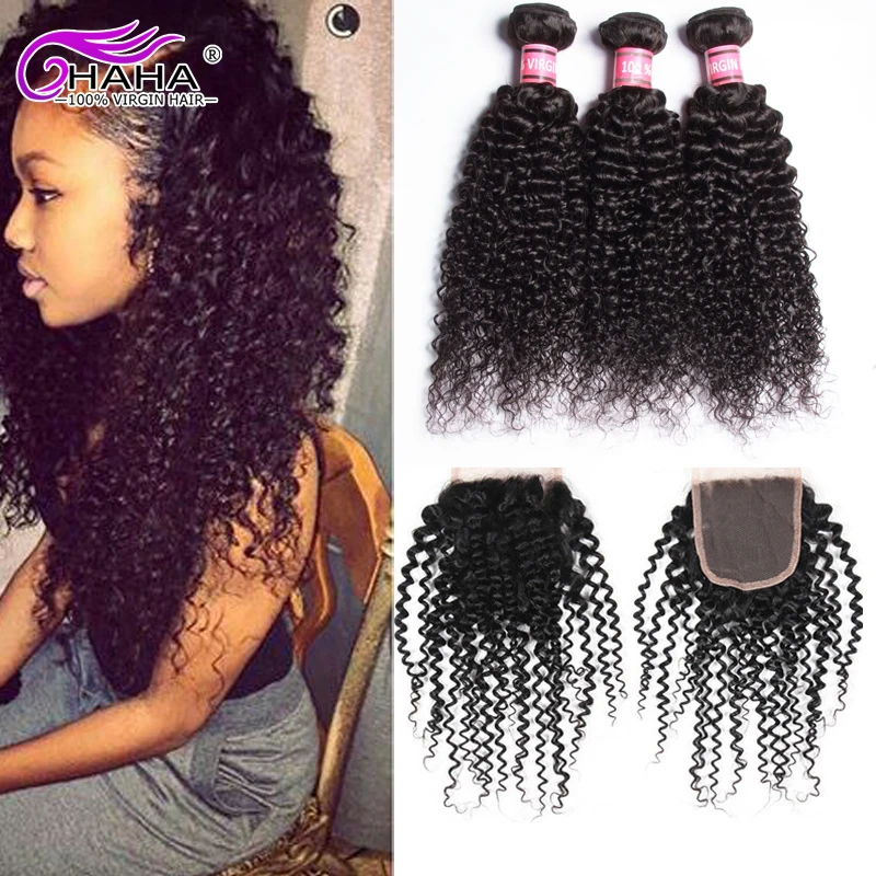 8A Indian Virgin Hair Kinky Curly Wave Virgin Hair Bundles 4 Pcs With Lace Closure Human Hair Weave Deep Curl Hair Extension