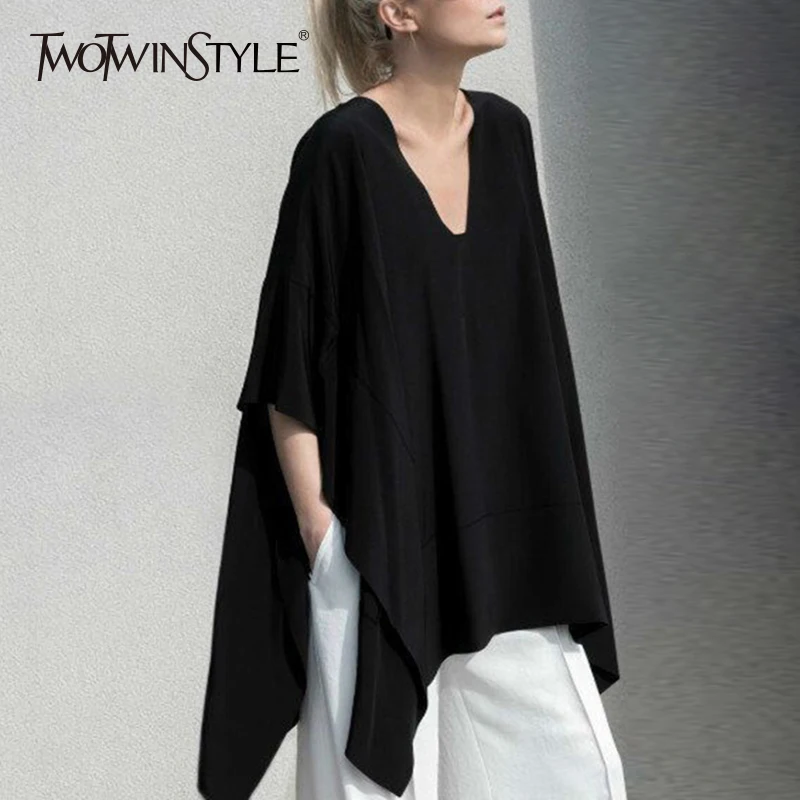 TWOTWINSTYLE Irregular T Shirt Female V Neck Three Quarter Sleeve Split Oversize T Shirts Summer Women Fashion Casual Clothing
TWOTWINSTYLE Irregular T Shirt Female V Neck Three Quarter Sleeve Split Oversize T Shirts Summer Women Fashion Casual Clothing
