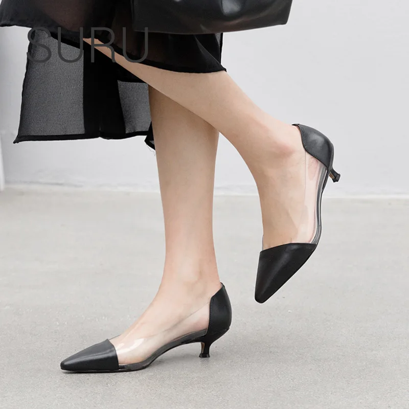 SURU Ladies Leather Transparent PV Pacthwork Kitten Heel Pumps Women Pointed Toe Heels
SURU Ladies Leather Transparent PV Pacthwork Kitten Heel Pumps Women Pointed Toe Heels