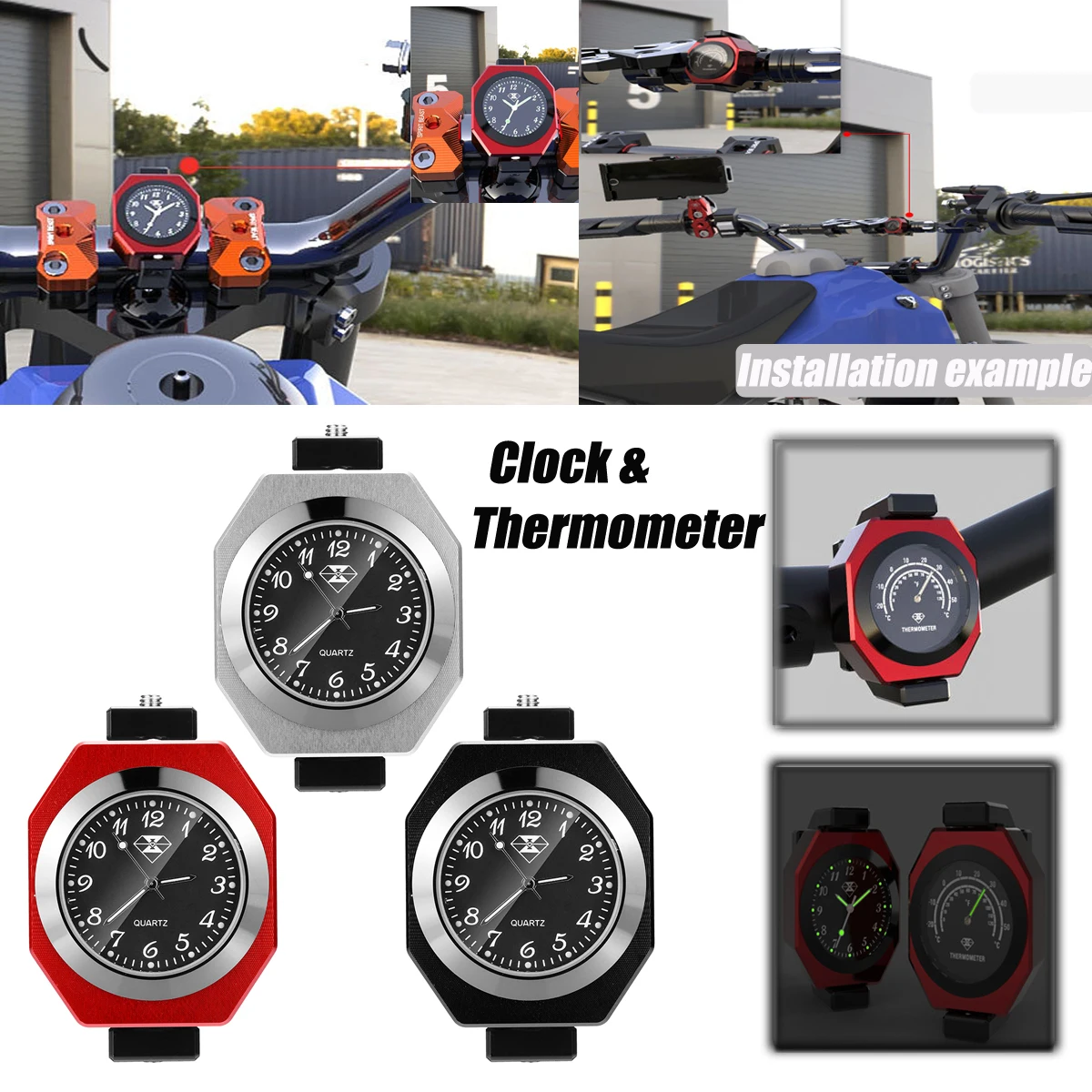 Motorcycle Bicycle Handlebar Clock+Handlebar Thermometer CNC 22-28mm 7/8'' Universal Handlebar Mount Clock Watch & Thermometer 
Motorcycle Bicycle Handlebar Clock+Handlebar Thermometer CNC 22-28mm 7/8'' Universal Handlebar Mount Clock Watch & Thermometer