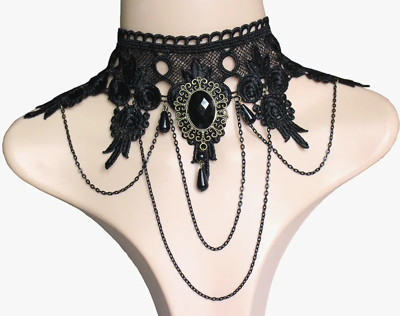 

New Fashion exaggerated lace necklace black gem foreign trade collars carved acrylic charms women wedding jewelry false collar