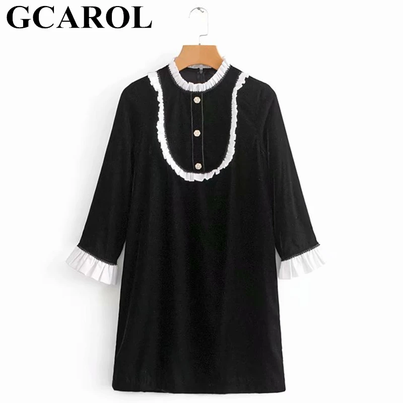 GCAROL 2019 Women Sweet Ruffles Spliced Velvet Dress Stand Collar 3/4 Sleeve Agaric Edge Stitching Slim Vintage Court Dress
GCAROL 2019 Women Sweet Ruffles Spliced Velvet Dress Stand Collar 3/4 Sleeve Agaric Edge Stitching Slim Vintage Court Dress