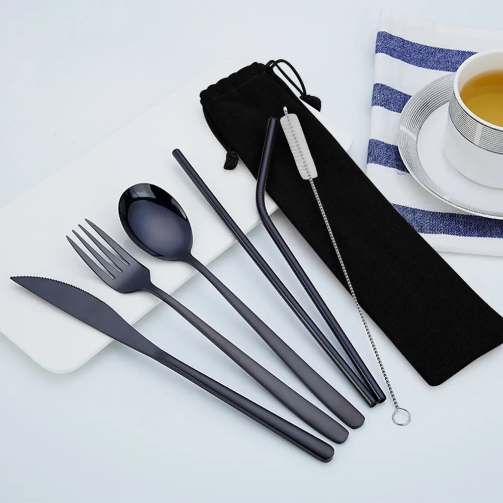

7pcs Stainless Steel Dinnerware Cutlery Set Spoon Fork Chopsticks Straw With Cloth Bag For Travel Outdoor Office Picnic BBQ
