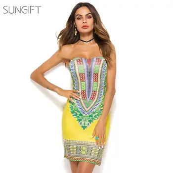 

SUNGIFT Women's African Style Dresses Dashiki Detachable Pads Bodycon Dress Milk Silk Bandeau Slit Mini Summer Dress Print Dress