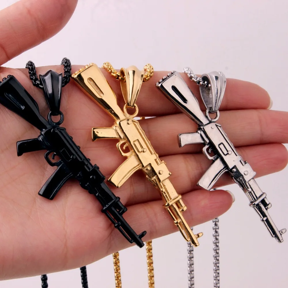 Fashion Silver/Gold/Black Color AK47 Gun Pendant Necklace Men's Neck Jewelry 3mm Stainless Steel Box Chain Choker 24"
Fashion Silver/Gold/Black Color AK47 Gun Pendant Necklace Men's Neck Jewelry 3mm Stainless Steel Box Chain Choker 24"