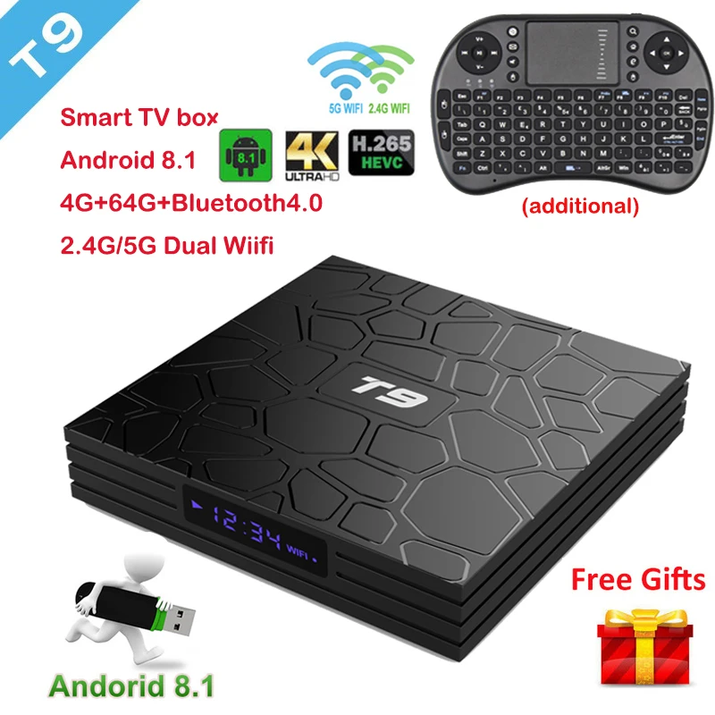 T9 Android 9.0 TV Box Bluetooth 4.0 RK3328 Quad Core 4GB RAM 64GB ROM USB 3.0 Smart 4K HD Set Top Box Optional 2.4G/5G Dual WIFI
T9 Android 9.0 TV Box Bluetooth 4.0 RK3328 Quad Core 4GB RAM 64GB ROM USB 3.0 Smart 4K HD Set Top Box Optional 2.4G/5G Dual WIFI