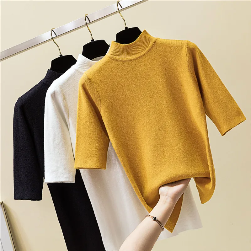 2019 Spring Summer Half Sleeve Turtleneck Knitted Elastic Short Pullovers Solid Color Women Tops
2019 Spring Summer Half Sleeve Turtleneck Knitted Elastic Short Pullovers Solid Color Women Tops