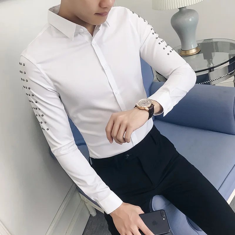 High Quality Brand New Shirt Men Fashion 2018 Rivets Decor Long Sleeve Dress Shirts Men Slim Fit Casual Prom Tuxedo Blouse 3XL-M
High Quality Brand New Shirt Men Fashion 2018 Rivets Decor Long Sleeve Dress Shirts Men Slim Fit Casual Prom Tuxedo Blouse 3XL-M