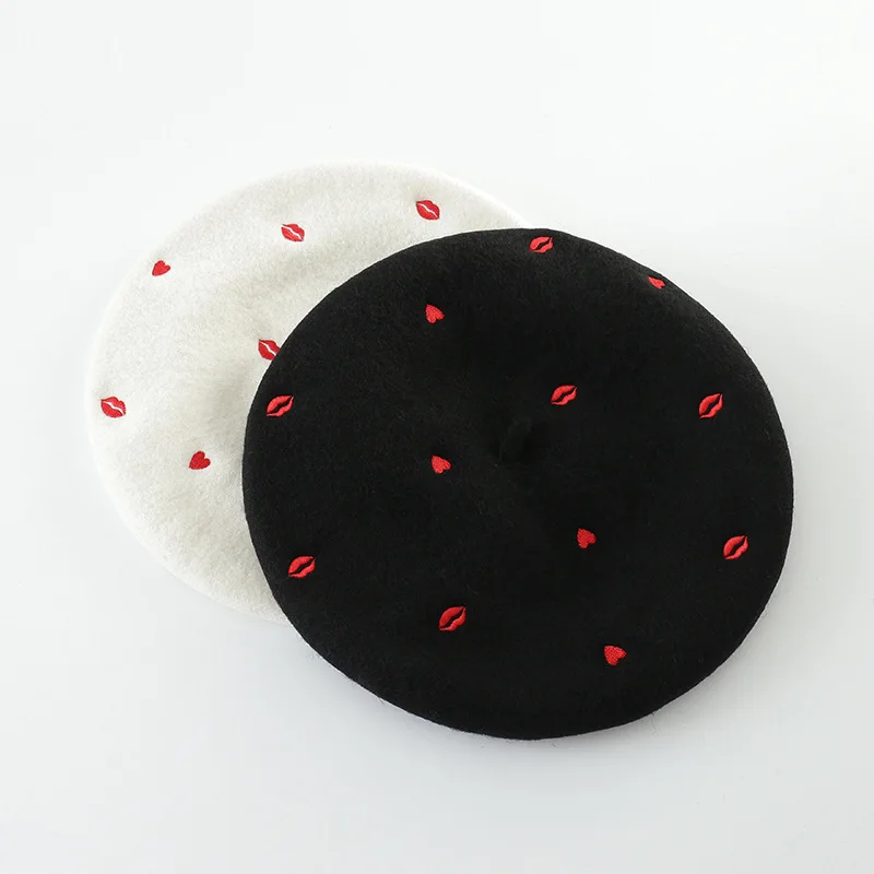 COKK Autumn Winter Hats For Women Lady Wool Beret Embroidered Red Heart Lip Flat Cap Painter Hat Female Boina Soft Gorras Planas 12