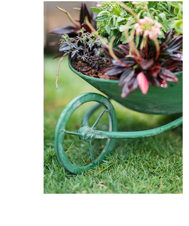 hand made antique retro green metal flower cart planters (10)