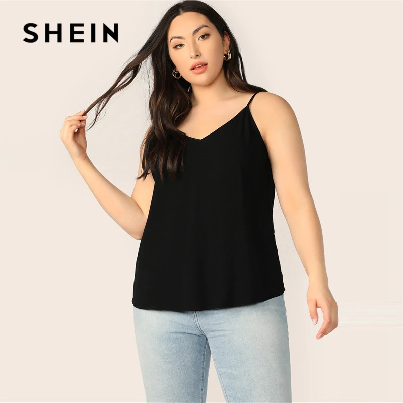 

SHEIN Plus Size Black Solid V-Back Cami Top 2019 Women Summer Casual Spaghetti Strap Regular Basic Big Size Camisole Tops