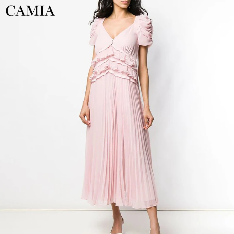 CAMIA casual solid color ruffled women's dress chiffon pleated high waist V-neck puff sleeve ladies dress
CAMIA casual solid color ruffled women's dress chiffon pleated high waist V-neck puff sleeve ladies dress