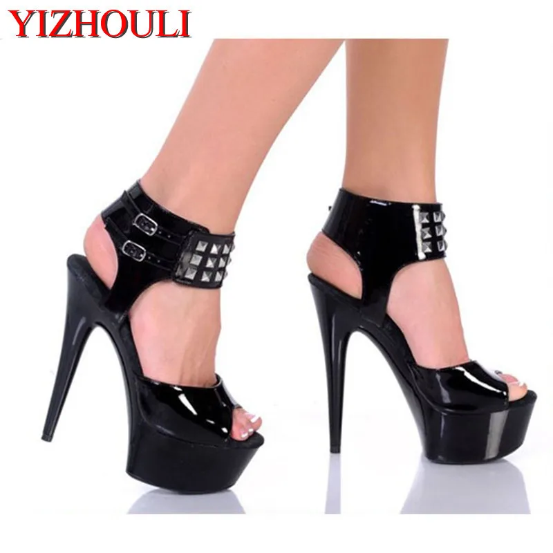 

Summer black high-heeled women's high heels with rivets, and 15cm pole dancing sandals with 6-inch dancing shoes