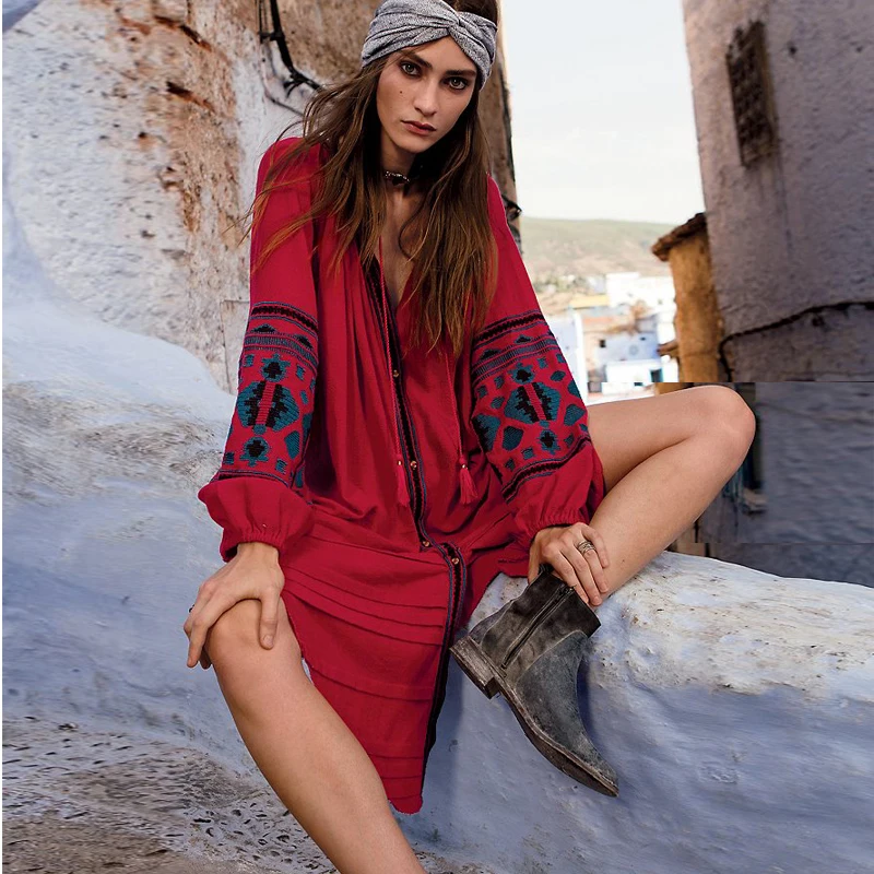 Ethnic Summr Dress Embroidery Loose Women Dress Long Lantern Sleeves Embroidered Cardigan Button Front V-neck Mid Dress vestidos 
Ethnic Summr Dress Embroidery Loose Women Dress Long Lantern Sleeves Embroidered Cardigan Button Front V-neck Mid Dress vestidos