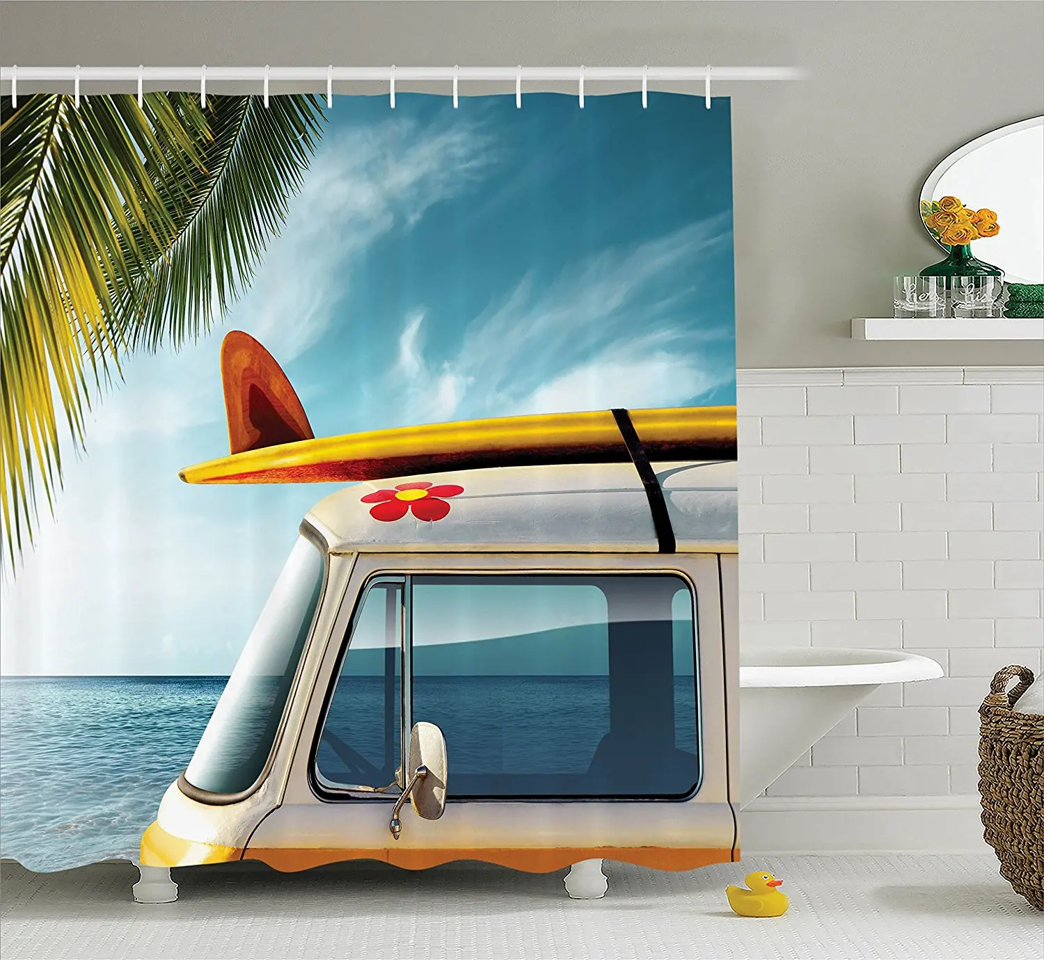 Vintage Van in the Beach with Surfboard on the Roof Journey Spring Sky Polyester Fabric Bathroom Shower Curtain
Vintage Van in the Beach with Surfboard on the Roof Journey Spring Sky Polyester Fabric Bathroom Shower Curtain