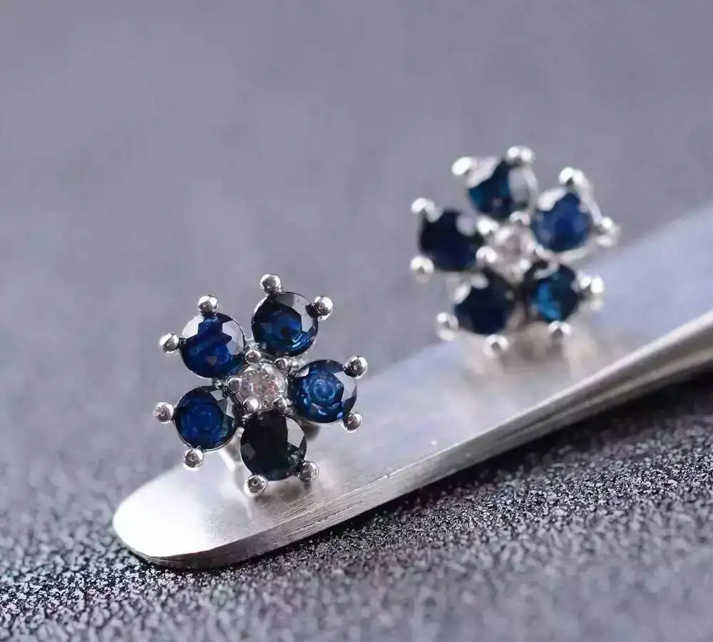 

natural dark blue sapphire gem stud earrings Natural gemstone earrings Flowers Plum blossom S925 silver women party gift jewelry
