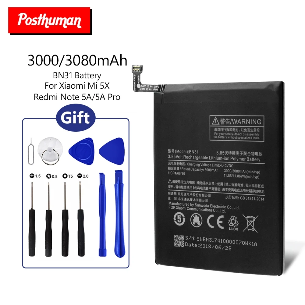 Lithium Replacement BN31 BN-31 BN 31 Rechargeable Phone Battery For Xiaomi Mi 5X Mi A1 Redmi Note 5A 5A Pro 3120mAh+Repair Tools
Lithium Replacement BN31 BN-31 BN 31 Rechargeable Phone Battery For Xiaomi Mi 5X Mi A1 Redmi Note 5A 5A Pro 3120mAh+Repair Tools