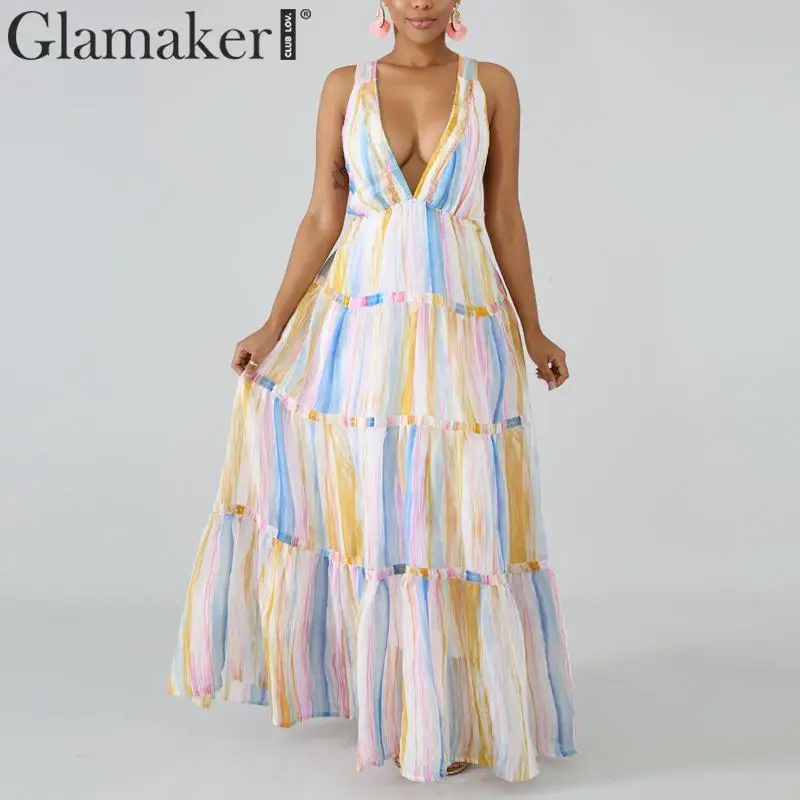 Glamaker Ruffles printed backless maxi dress Women v-neck high waist holiday beach dress Elegant female party club dress sunmmer
Glamaker Ruffles printed backless maxi dress Women v-neck high waist holiday beach dress Elegant female party club dress sunmmer